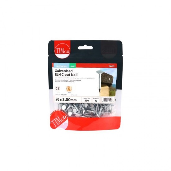 Timco Galvanised ELH Clout, Roof, Felt Nails - 20mm x 3mm - 0.5kg Bag