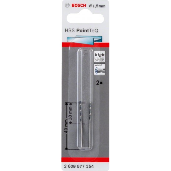 Bosch HSS PointTeQ Drill Bits - 1.5mm x 18mm x 40mm - Pack of 2