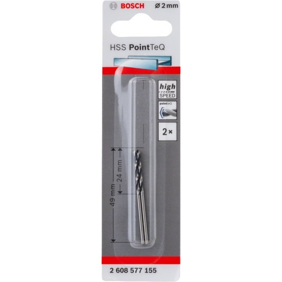 Bosch HSS PointTeQ Drill Bits - 2mm x 24mm x 49mm - Pack of 2