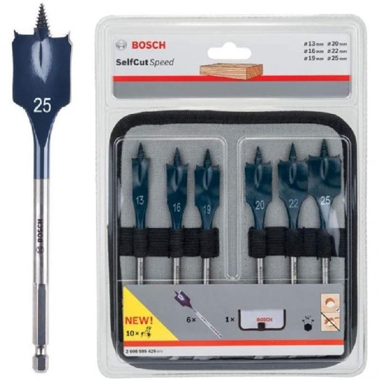 Bosch Self Cut Flat Wood Bit Set - 13mm to 25mm - Hex Shank