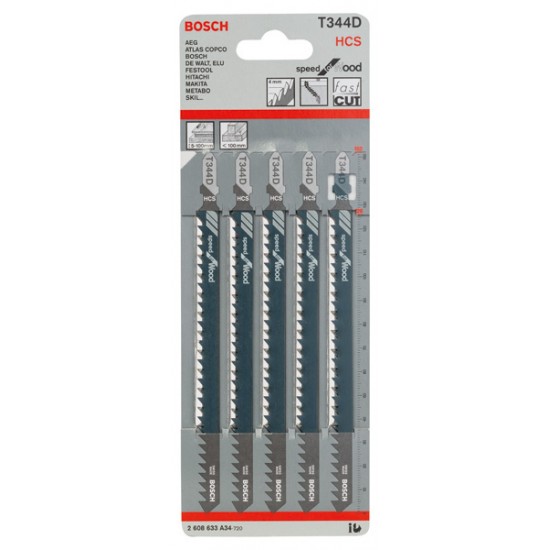 Bosch T344D Jigsaw Blades Fast Straight Cuts for Wood - Pack of 5
