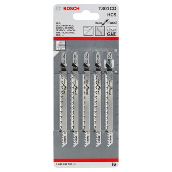 Bosch T301CD Jigsaw Blades Clean for Wood - Pack of 5