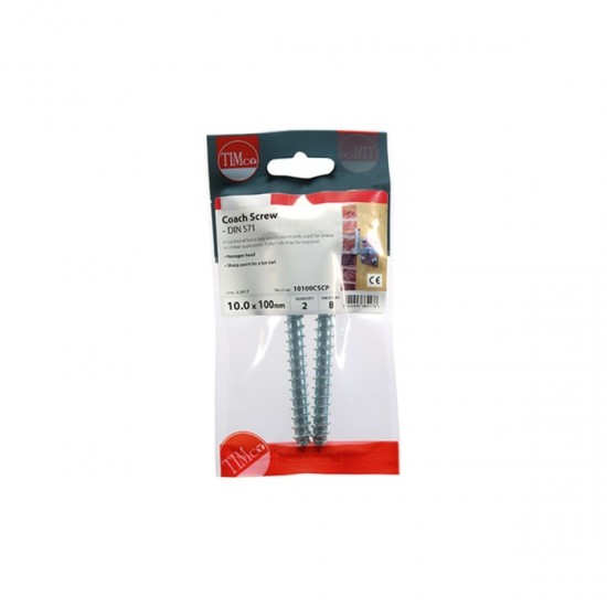 Timco 10x100mm Hex Head Coach Screw Steel Zinc Plated Pack of 2